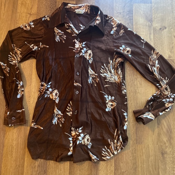 Vintage 70’s shiny silky floral disco club shirt slim fit M - Picture 1 of 5